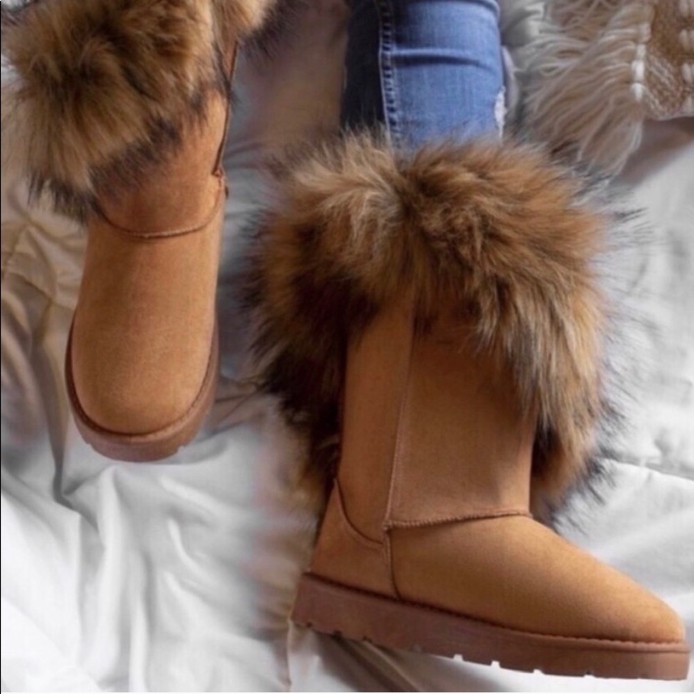 Asymmetrical Tan Faux Fur Boots